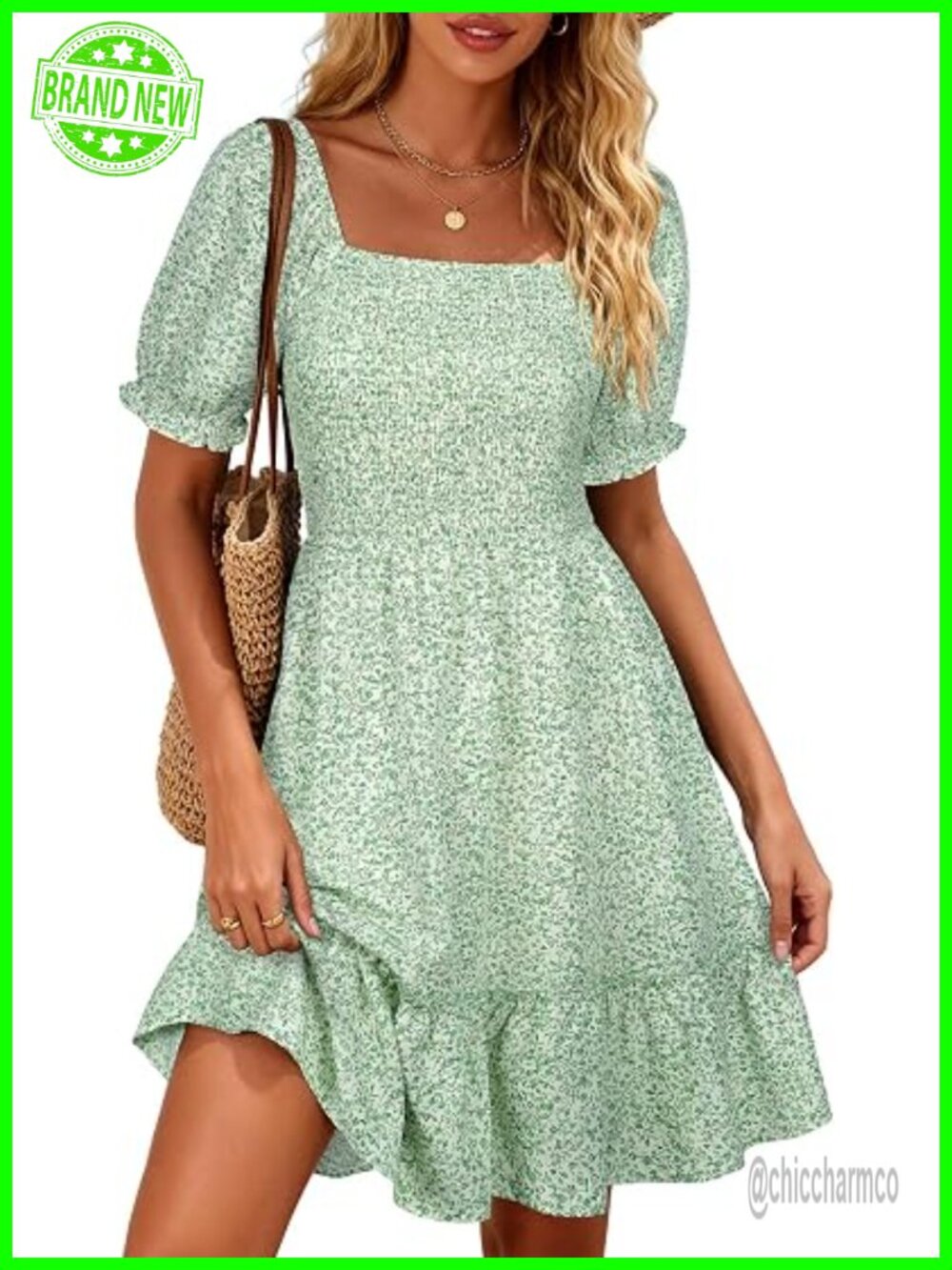 Square Neck Smocked Sun Dress with Pockets Short Sleeve Ruffle Boho
